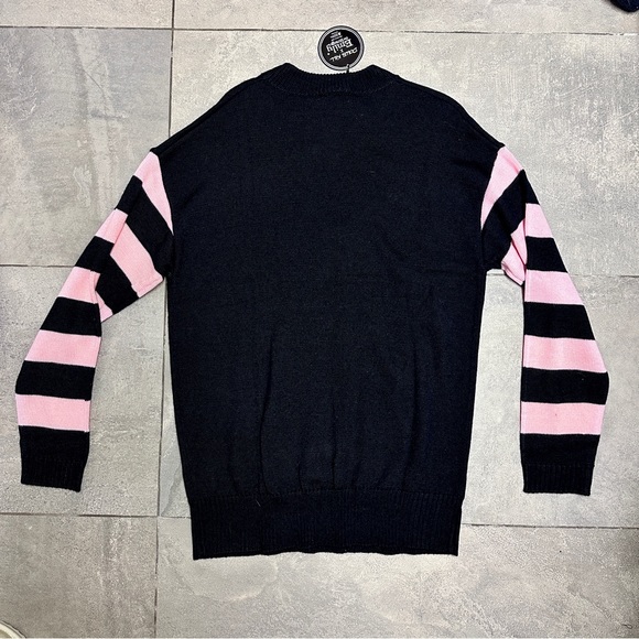 Dolls Kill Emily The Strange Brooding Besties Stripe Knit Sweater Pink Black Cat - Picture 7 of 8